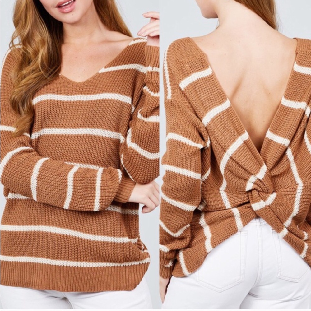Striped Twisted Back Knit Long Sleeve Sweater